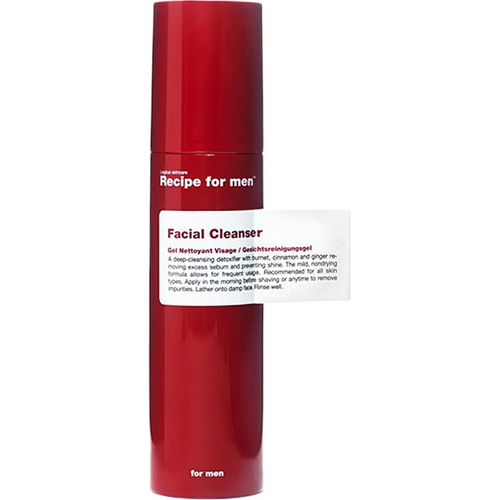 Recipe for men Facial Cleanser dybderensende ansigtsrens mod fedtet hud i rød cylindrisk flaske med hvid etiket