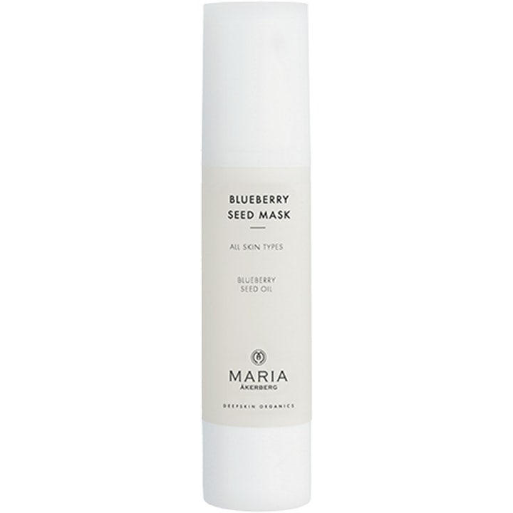 Maria Åkerberg Blueberry Seed Mask beroligende ansigtsmaske i hvid og beige pumpeflaske til alle hudtyper