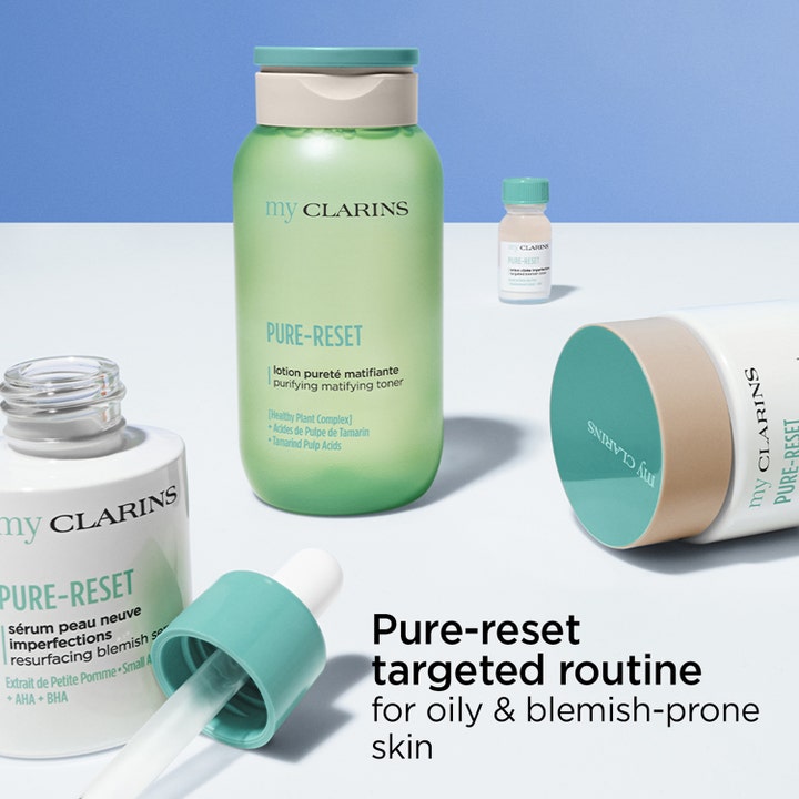 Clarins Mypure-Reset Targeted Blemish Lotion 13 ml mod urenheder vist i en rutine med toner og serum
