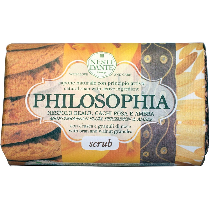 Nesti Dante Philosophia Scrub eksfolierende natursæbe med klid og valnøddekorn i dekorativ papirindpakning.