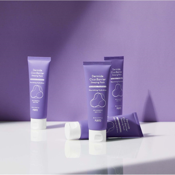 Purito Dermide Cica Barrier Sleeping Pack 80 ml nattmask i lilla tuber med squalane og panthenol