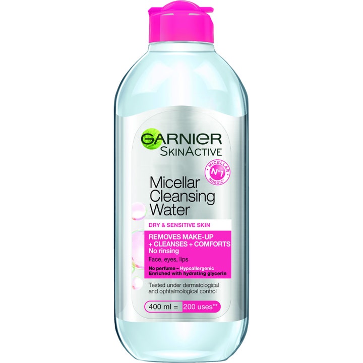 Garnier SkinActive Micellar Cleansing Water 400 ml beroligende ansigtsrens i klar plastflaske med lyserødt vippelåg