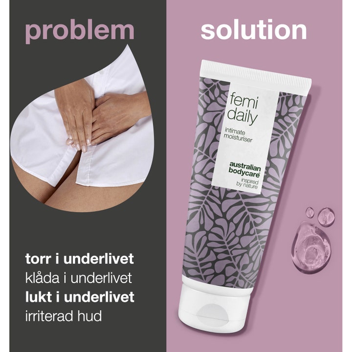 Australian Bodycare Femi Daily 200 ml mod kløe og irritation i underlivet vist som løsning med klar gel.
