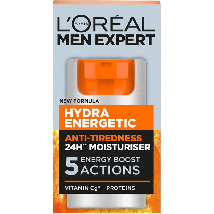 L'Oréal Paris Men Expert Hydra Energetic 50ml ansigtscreme med Vitamin Cg mod træt hud i grå og orange emballage.