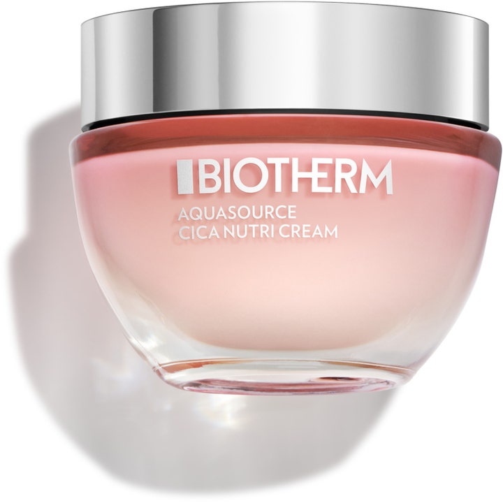 Biotherm Aquasource Cica Nutri Cream nærende ansigtsscreme der giver fugt i lyserød glaskrukke med sølvlåg