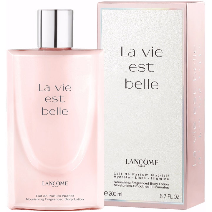 Lancôme La vie est belle 200 ml nærende bodylotion der giver fugt i lyserød flakon med sølvlåg og glitrende æske