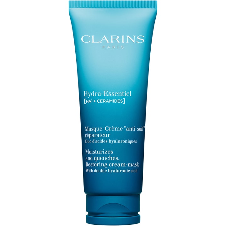 Clarins Hydra-Essentiel Restoring Cream-Mask fugtgivende ansigtsmaske med hyaluronsyre i en blå gradient tube