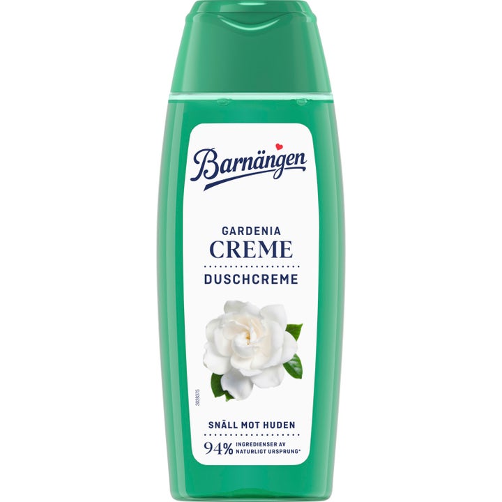 Barnängen Gardenia Creme duschcreme giver mild pleje i en grøn plastflaske prydet med en hvid gardeniablomst
