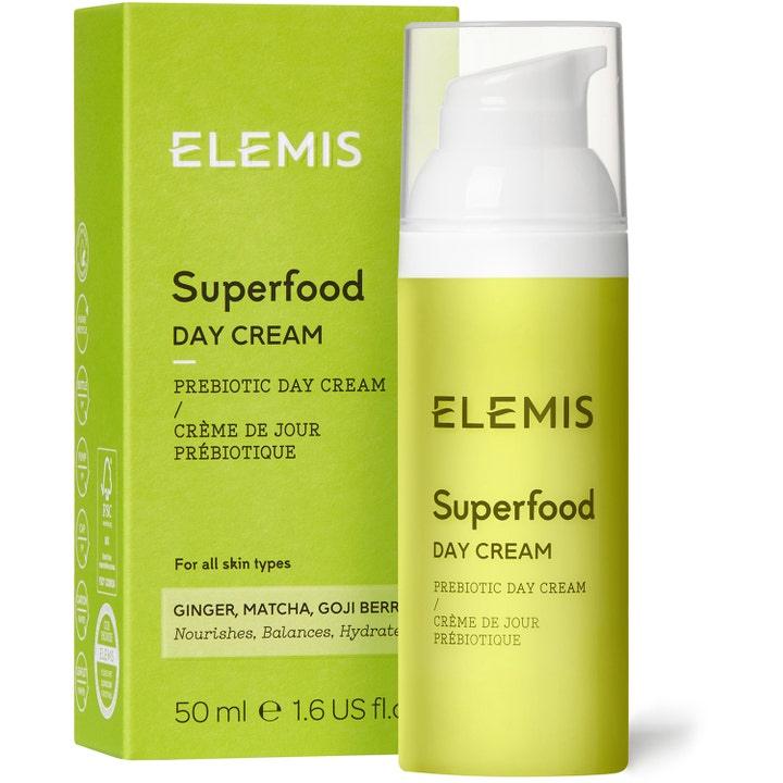 Elemis Superfood Day Cream 50 ml nærende dagcreme med præbiotika i limegrøn pumpeflaske med hvid pumpe.