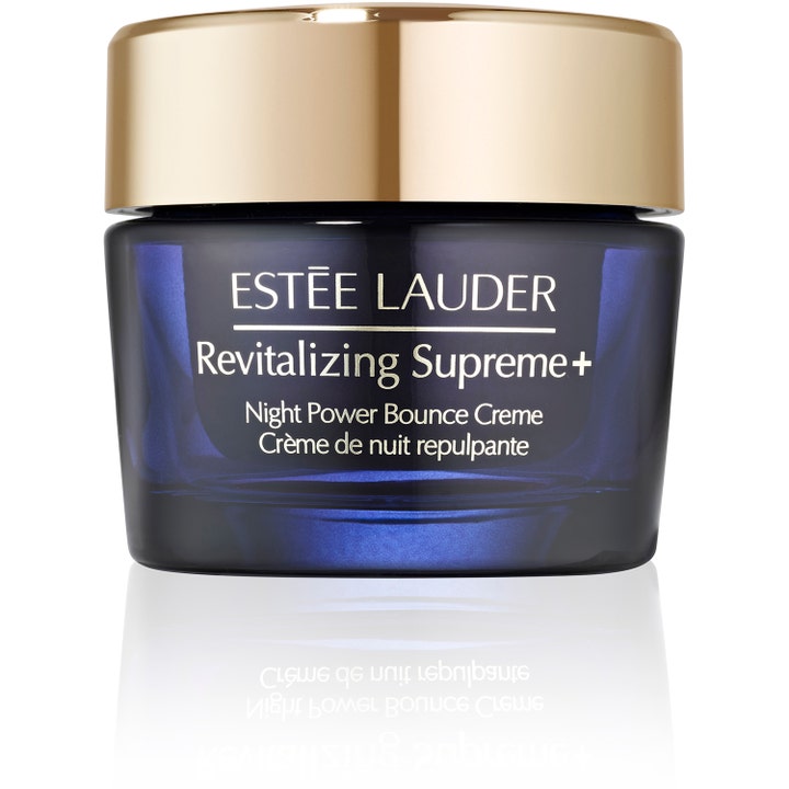 Estée Lauder Revitalizing Supreme+ Night Power Bounce Creme opstrammende natcreme i mørkeblå glaskrukke med guldlåg