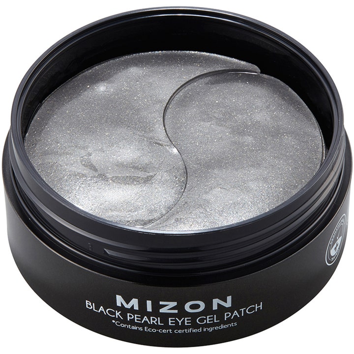 Mizon Black Pearl Eye Gel Patch 84 g plejende øjenmasker i sort krukke med glitrende sølvgrå hydrogel patches