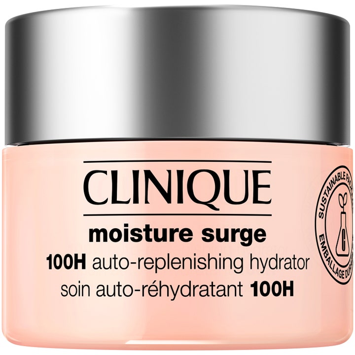 Clinique Moisture Surge 100H auto-replenishing hydrator i ferskenfarvet glaskrukke med sølvlåg til tør hud.
