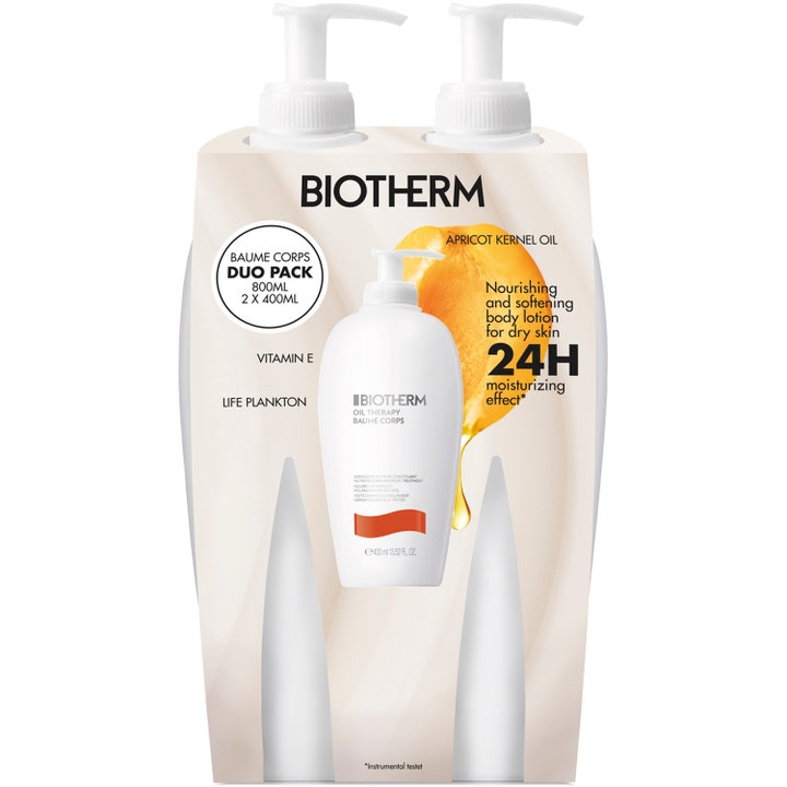 Biotherm Oil Therapy Baume Corps Duo 2 x 400 ml nærende bodylotion til tør hud i hvide pumpeflasker med abrikos.