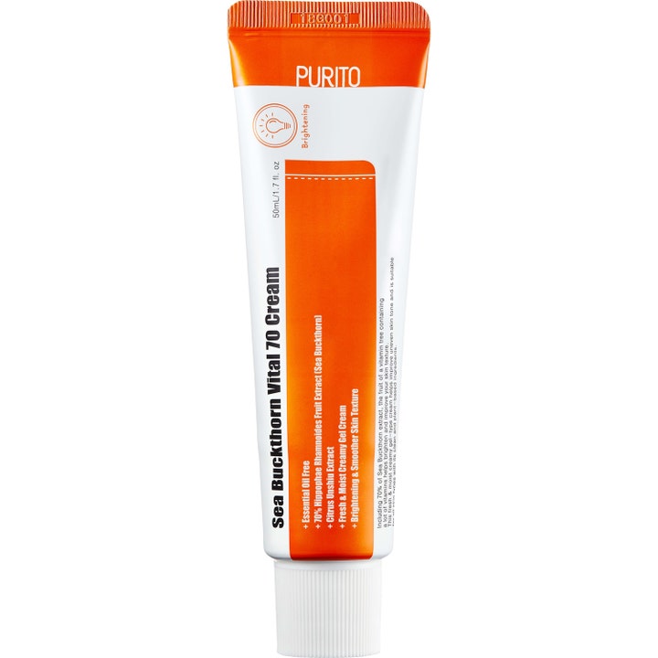 Purito Sea Buckthorn Vital 70 Cream 50 ml lysnende ansigtscreme i hvid og orange tube der giver huden glød