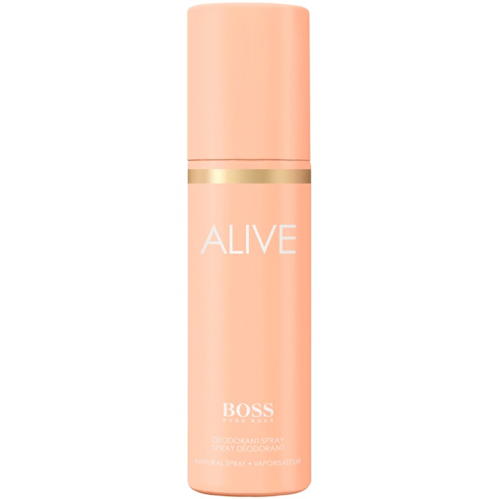Hugo Boss Alive Deodorant Spray giver friskhed i en slank ferskenfarvet sprayflaske med et elegant guldbånd