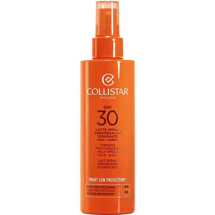 Collistar Tanning Moisturizing Milk Spray SPF 30 fugtgivende solcreme i en orange sprayflaske med hvid tekst