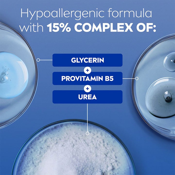 NIVEA Repair & Care Body Cream 400 ml viser 15% kompleks med glycerin, provitamin B5 og urea til tør hud.