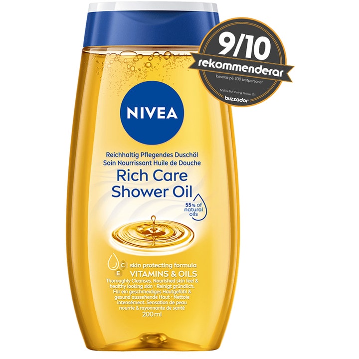 NIVEA Rich Care Shower Oil 200 ml plejende bruseolie i gennemsigtig flaske med blåt låg og 9/10 mærkat