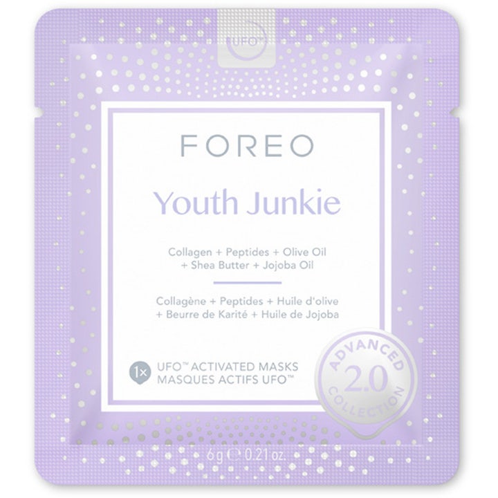 FOREO UFO Youth Junkie 2.0 6 stk opstrammende sheet mask med kollagen og peptider i lys lilla sachet