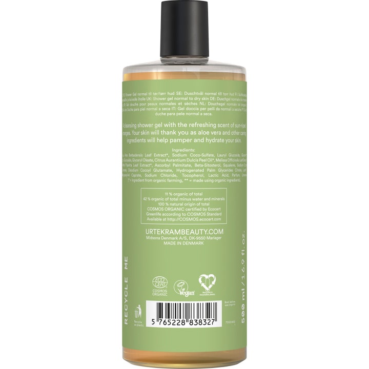 Urtekram Aloe Vera Shower Gel 500 ml fugtgivende kropsvask i flaske viser bagside med ingredienser og vegansk logo