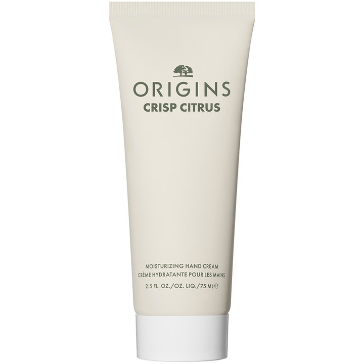 Origins Crisp Citrus 75 ml fugtgivende håndcreme i en mat cremehvid tube med grøn tekst og hvidt låg
