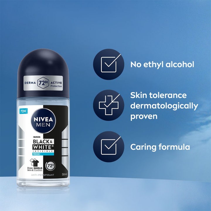 NIVEA Black & White Fresh 50 ml herredeodorant giver frisk duft i glasflaske med sort låg og hvid røg