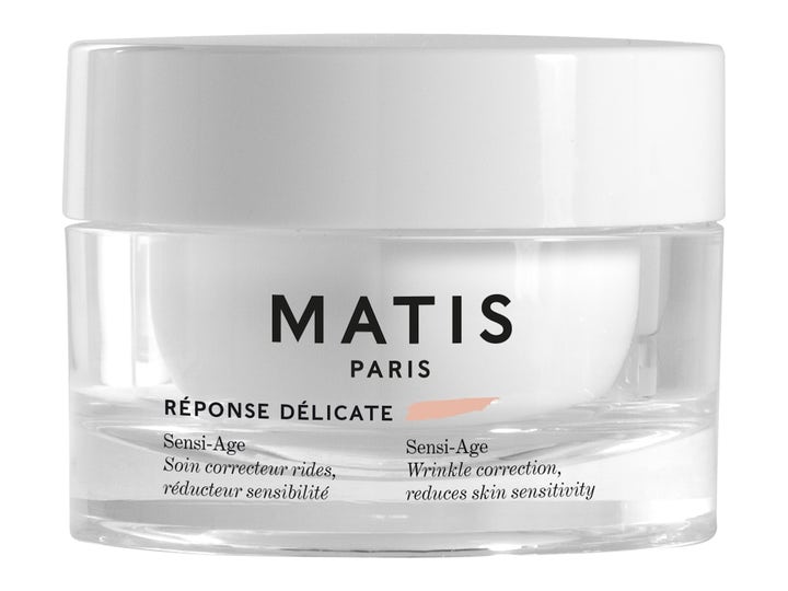 Matis Réponse Délicate Sensi-Age 50ml beroligende ansigtscreme i klar glaskrukke med hvidt låg mod rynker.