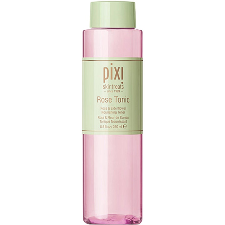 Pixi Rose Tonic 250 ml nærende skintonic i gennemsigtig flaske med lyserød væske og mintgrønt låg