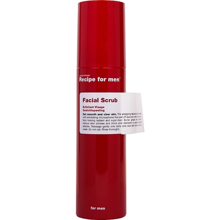 Recipe for men Facial Scrub 100ml eksfolierende ansigtsscrub i en rød cylindrisk flaske der giver klar hud
