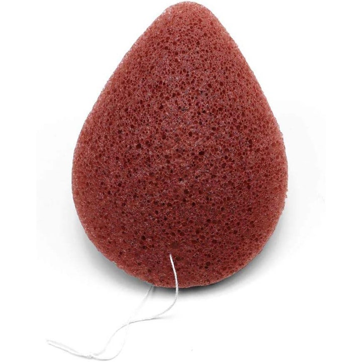 Konjac Sponge Rødler 1 stk eksfolierende ansigtssvamp i dråbeformet rødbrun porøs tekstur med hvid snor