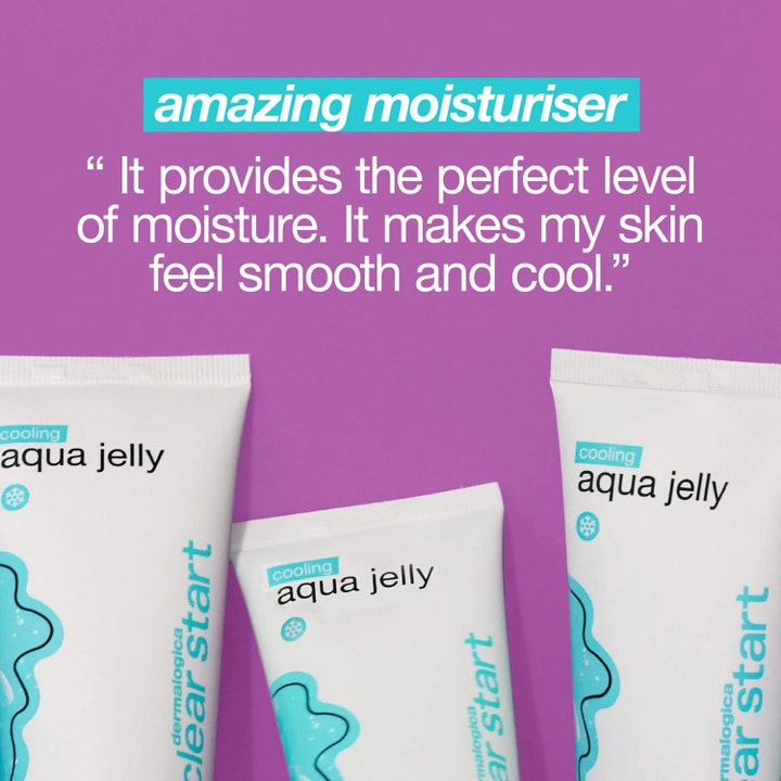 Dermalogica Cooling Aqua Jelly Clear Start 59 ml fugtgivende dagcreme tre tuber på lilla baggrund med tekstcitat.