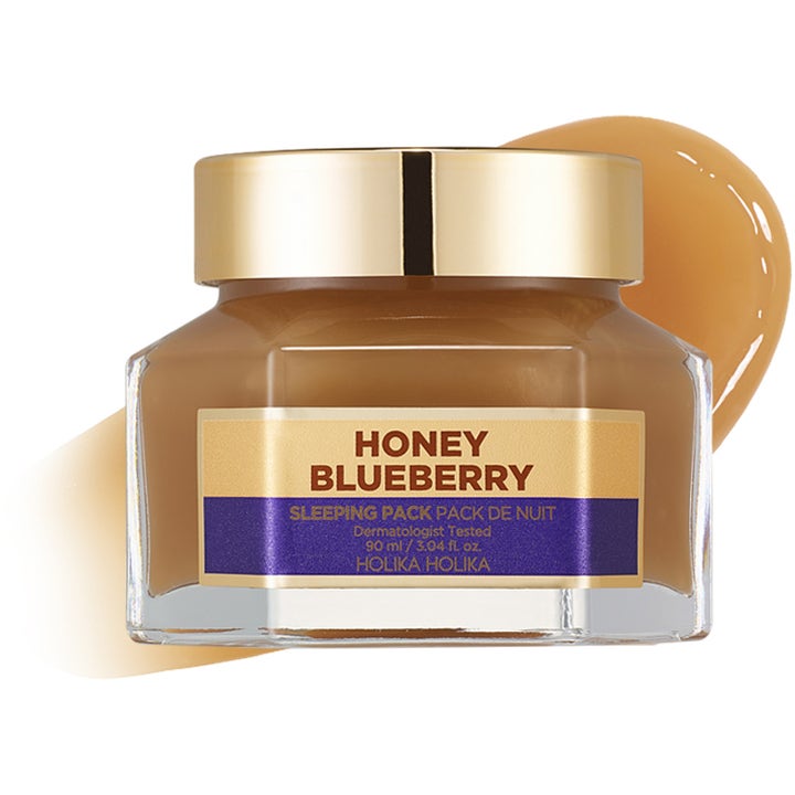 Holika Holika Honey Sleeping Pack Blueberry 90 ml nattmaske i glaskrukke med guld låg og honningfarvet tekstur