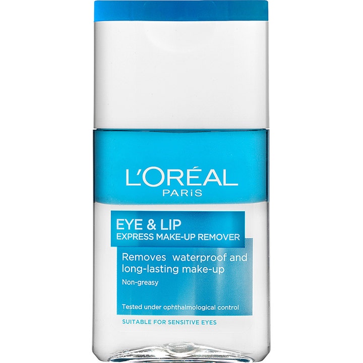 L'Oréal Paris Eye & Lip Express Make-up Remover fjerner vandfast makeup, to-faset blå og klar formel i gennemsigtig flaske.