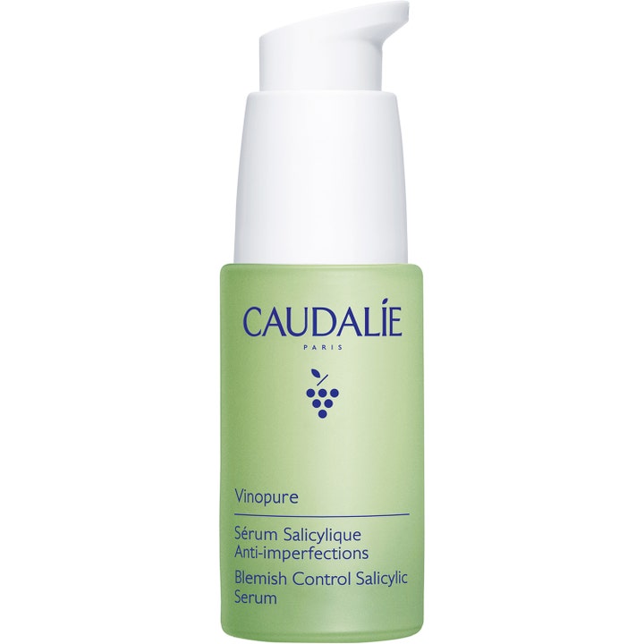 Caudalie Vinopure Blemish Control Salicylic Serum 30ml mod urenheder i en grøn frostet flaske med hvid pumpe