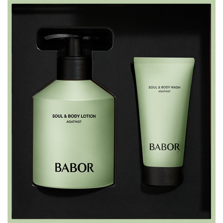 Babor Soul & Body Gift Set Agathist 300 ml plejende kropsplejesæt med mintgrøn pumpeflaske og tube i en sort gaveæske