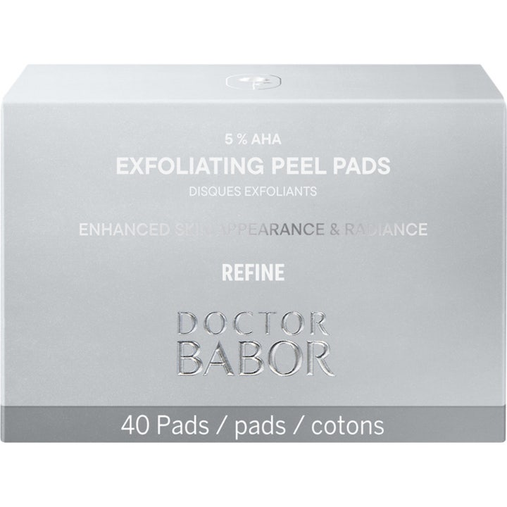 Babor DOC Exfoliating Peel Pads 40 stk eksfolierende peeling pads viser en rund hvid rondel med tekstur