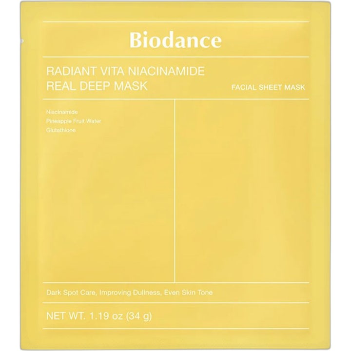 Biodance Radiant Vita Niacinamide Real Deep Mask 34 g ansigtsmaske i gul pose med synlig hvid hydrogelmaske