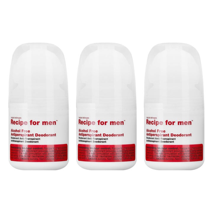 Recipe for men Alcohol Free Antiperspirant 3-pak mod sved lugt i hvide roll-on flasker med rød tekst