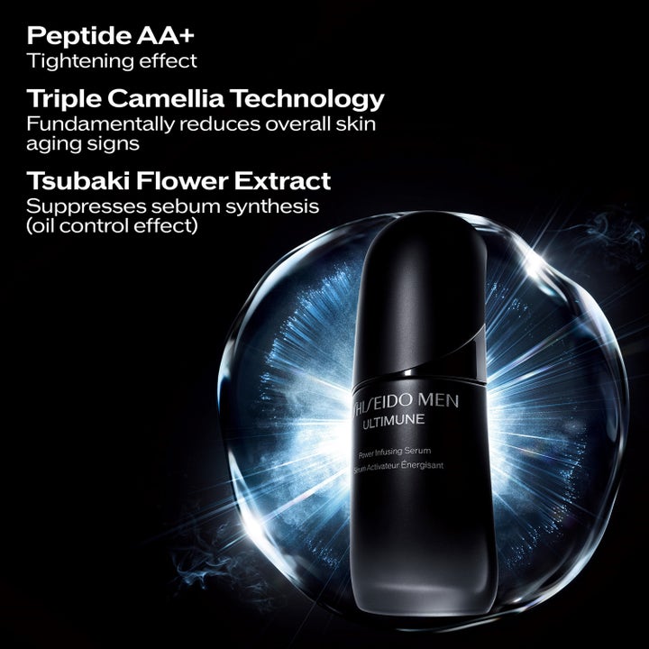 Shiseido Ultimune Men 2.0 50 ml serum i sort flakon med Peptide AA+ og Triple Camellia Technology