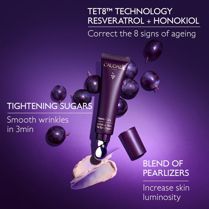 Caudalie Premier Cru The Eye Cream 15 ml øjencreme i tube med perlemorscreme og mørke druer på lilla baggrund