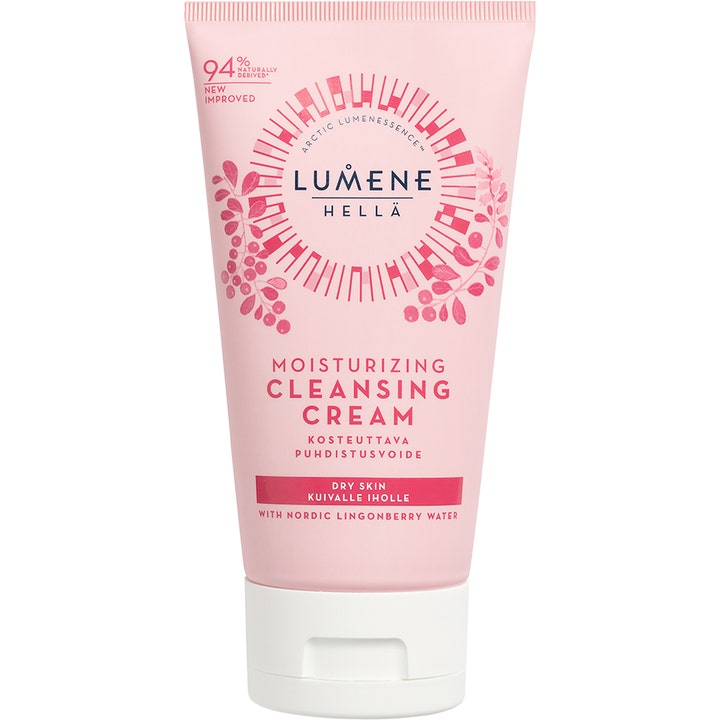 Lumene Hellä Moisturizing Cleansing Cream fugtgivende ansigtsrens i lyserød tube med hvidt låg og bærillustration
