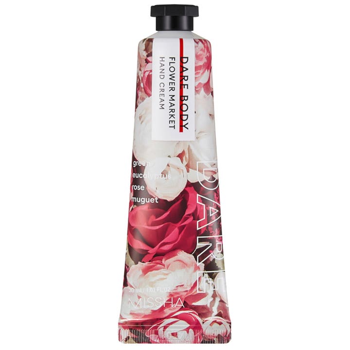 Missha Dare Body Flower Market 30 ml blødgørende håndcreme i tube med hvide og lyserøde roser og et sort låg