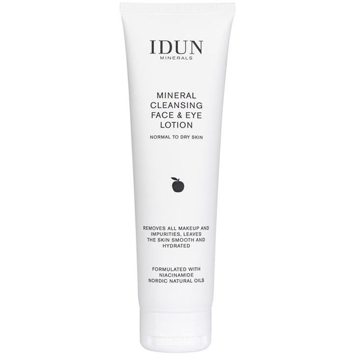 IDUN Minerals Mineral Cleansing Face & Eye Lotion fugtgivende rens med niacinamid i hvid tube med sort tekst