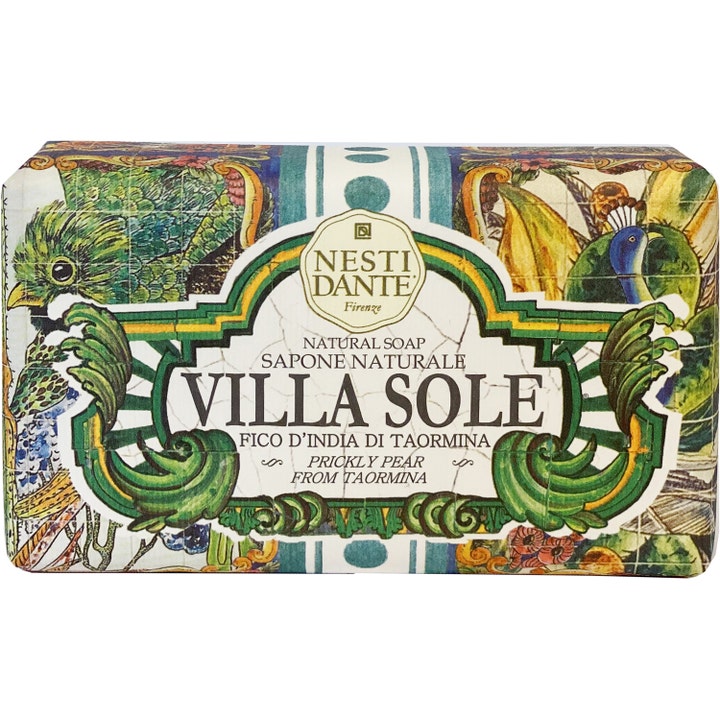 Nesti Dante Villa Sole fast sæbe med figenkaktus i dekorativ papiremballage med farverige fugleillustrationer