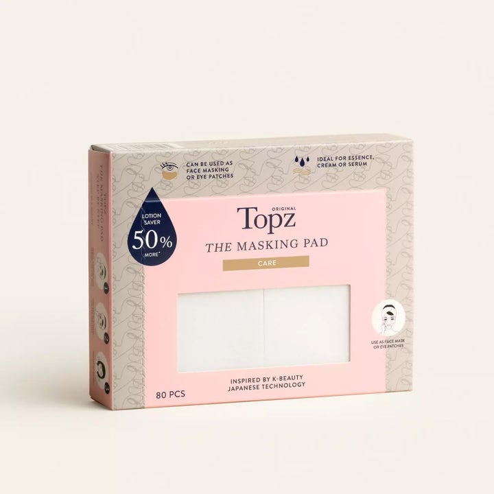 Topz Premium The Masking Pad 80 stk hudplejeværktøj i lyserød og beige æske der sparer på dine hudplejeprodukter