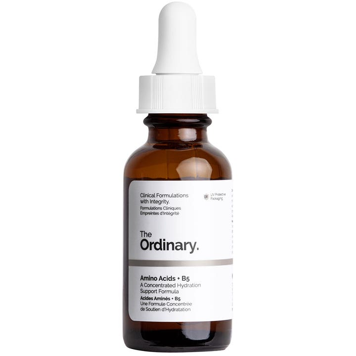 The Ordinary Amino Acids + B5 30ml fugtgivende ansigtsserum i en mørk glasflaske med hvid etiket og pipette