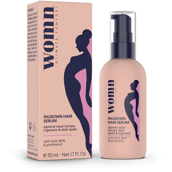 WOMN Ingrown Hair Serum 50 ml mod indgroede hår og røde knopper i ferskenfarvet flaske med sort pumpe og æske