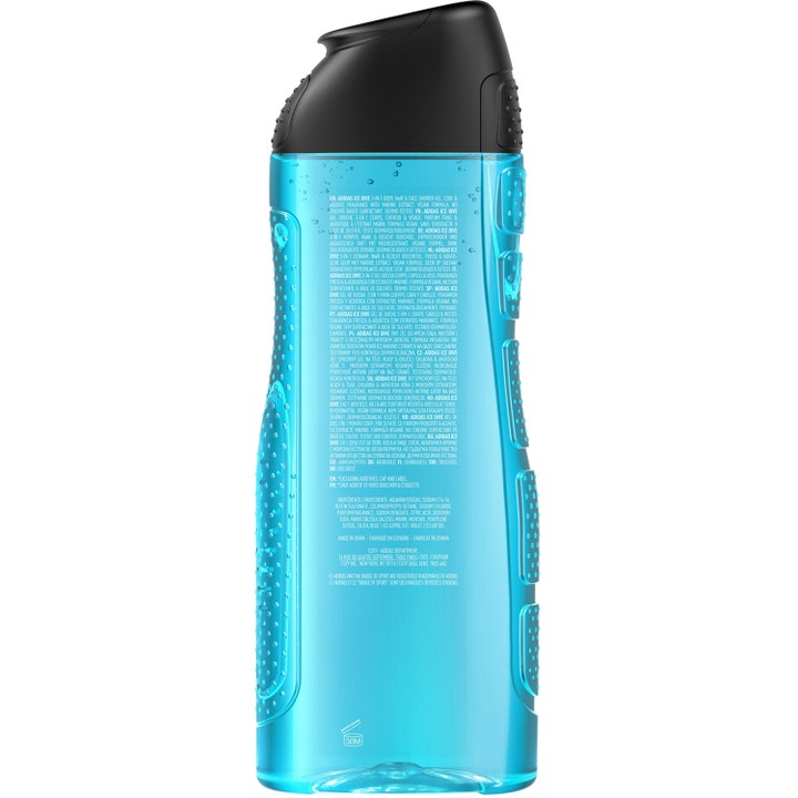 Adidas Ice Dive For Him Shower Gel 400 ml frisk 3-i-1 gel i blå flaske med sort låg og ingredienser på bagsiden.
