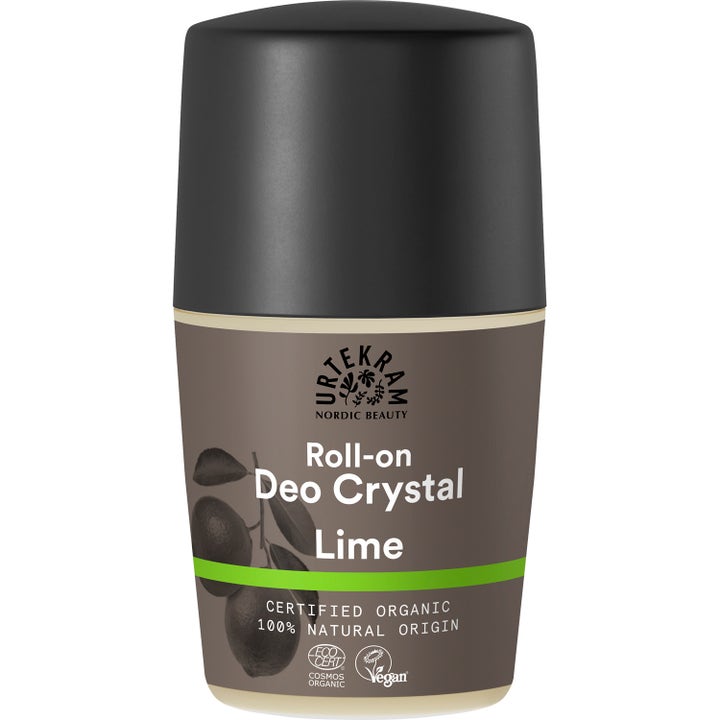 Urtekram Roll-on Deo Crystal Lime forfriskende naturlig deodorant i grå emballage med grøn stribe og sort låg