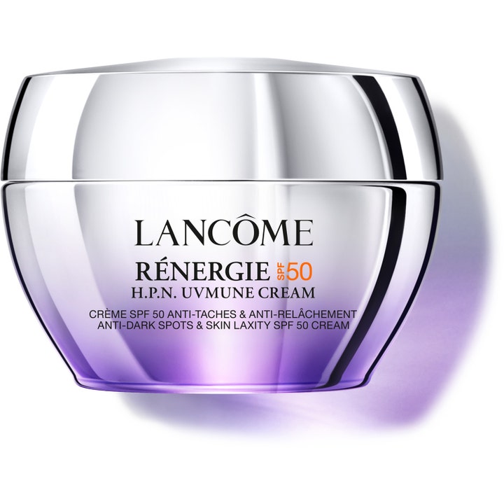 Lancôme Rénergie H.P.N. UVMune Cream SPF 50 opstrammende ansigtscreme i en elegant lilla og sølvfarvet krukke